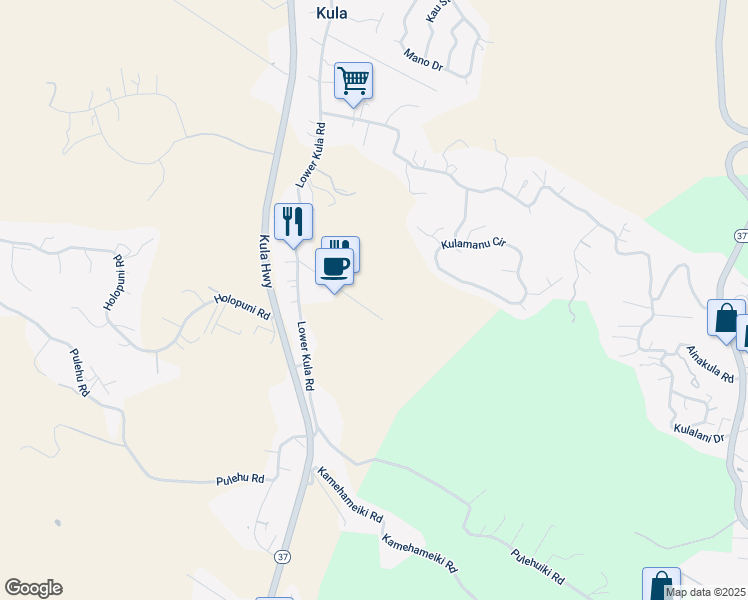 map of restaurants, bars, coffee shops, grocery stores, and more near 215 Pulehunui Road in Kula