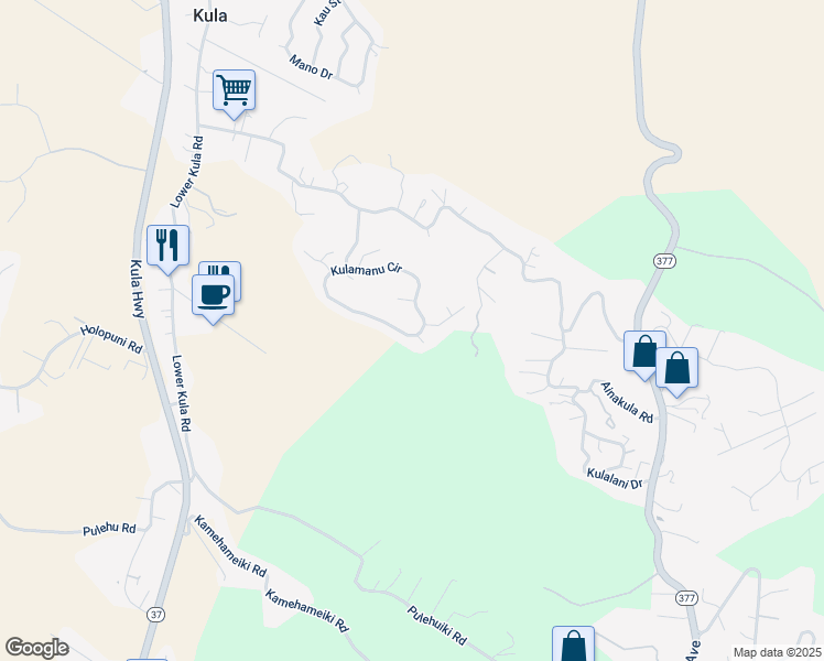 map of restaurants, bars, coffee shops, grocery stores, and more near 174 Kulamanu Circle in Kula