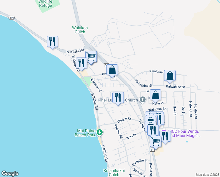 map of restaurants, bars, coffee shops, grocery stores, and more near 140 Uwapo Road in Kihei