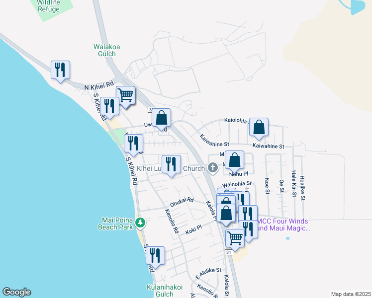 map of restaurants, bars, coffee shops, grocery stores, and more near 140 Uwapo Road in Kihei