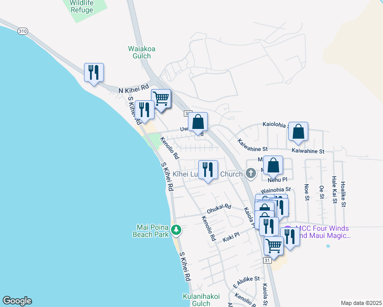 map of restaurants, bars, coffee shops, grocery stores, and more near 140 Uwapo Road in Kihei