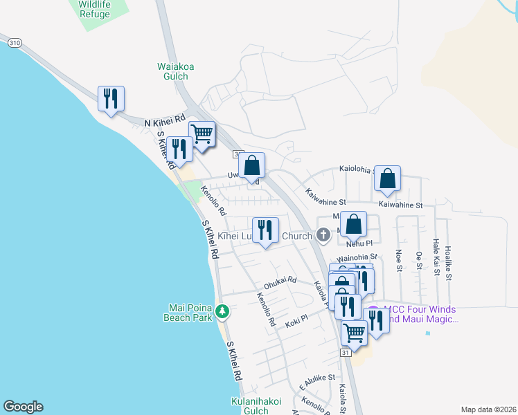 map of restaurants, bars, coffee shops, grocery stores, and more near 140 Uwapo Road in Kihei