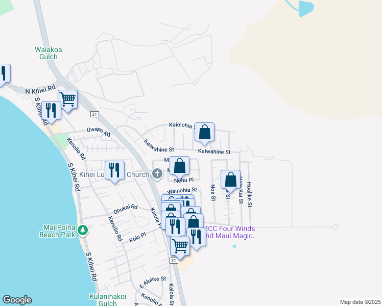 map of restaurants, bars, coffee shops, grocery stores, and more near 410 Kaiwahine Street in Kihei