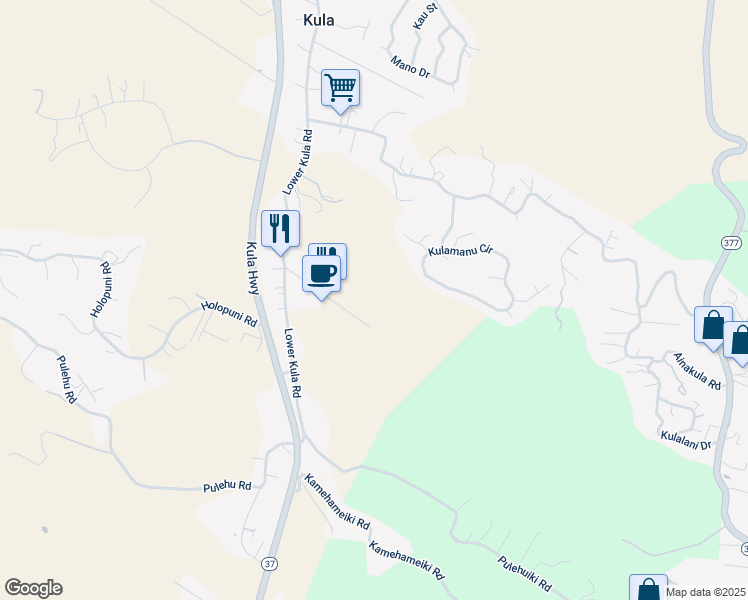 map of restaurants, bars, coffee shops, grocery stores, and more near 215 Pulehunui Road in Kula