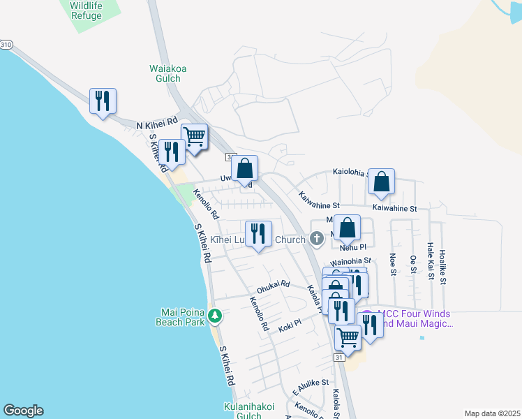 map of restaurants, bars, coffee shops, grocery stores, and more near 140 Uwapo Road in Kihei
