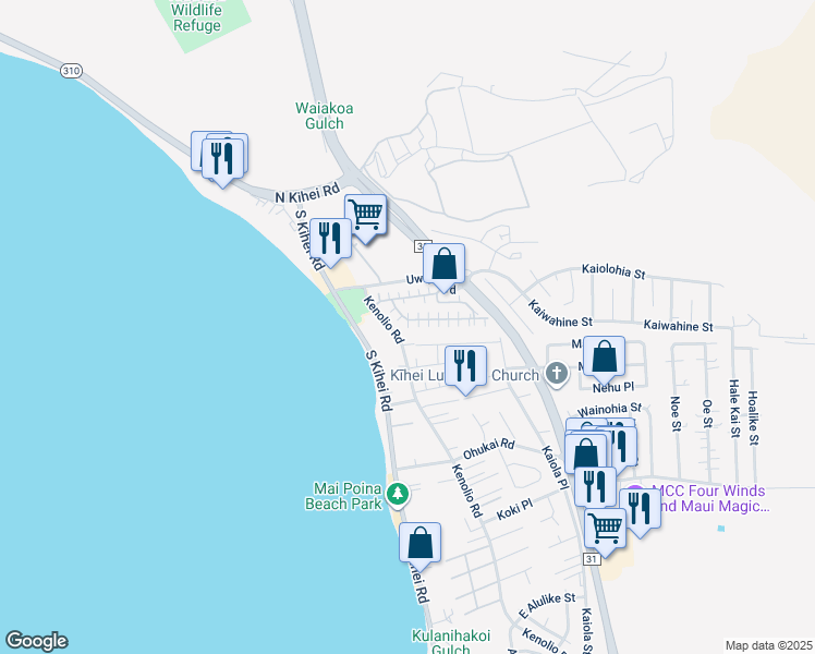 map of restaurants, bars, coffee shops, grocery stores, and more near 140 Uwapo Road in Kihei