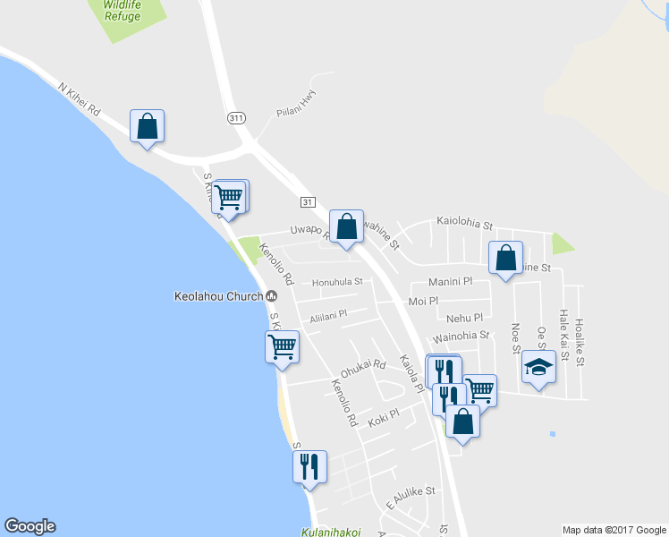 map of restaurants, bars, coffee shops, grocery stores, and more near 140 Uwapo Road in Kihei