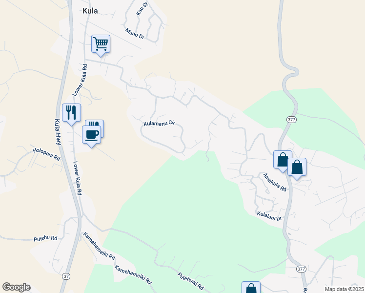 map of restaurants, bars, coffee shops, grocery stores, and more near 152 Kulamanu Circle in Kula