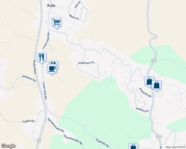 map of restaurants, bars, coffee shops, grocery stores, and more near 206 Kulamanu Circle in Kula
