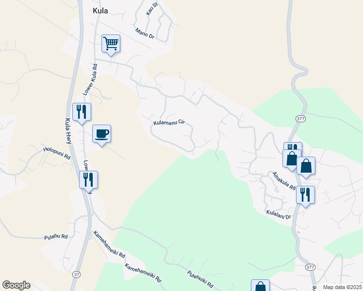 map of restaurants, bars, coffee shops, grocery stores, and more near 206 Kulamanu Circle in Kula