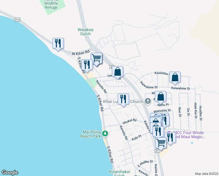 map of restaurants, bars, coffee shops, grocery stores, and more near 140 Uwapo Road in Kihei
