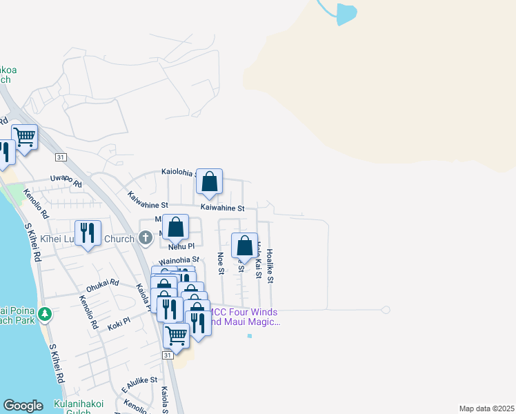 map of restaurants, bars, coffee shops, grocery stores, and more near Kaiwahine Street in Kihei
