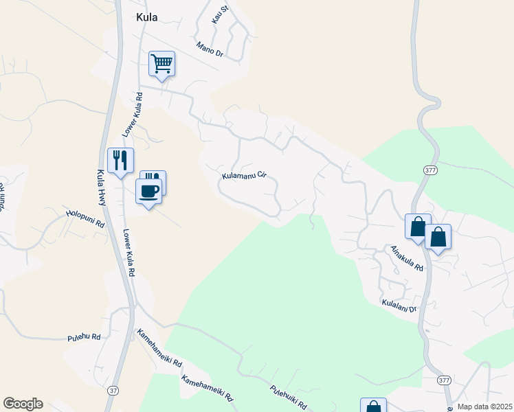 map of restaurants, bars, coffee shops, grocery stores, and more near 214 Kulamanu Circle in Kula