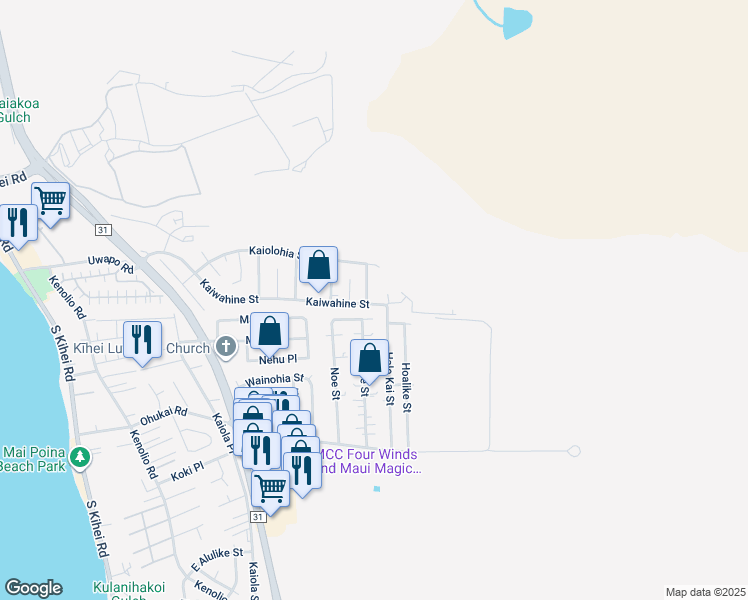 map of restaurants, bars, coffee shops, grocery stores, and more near 547 Kaiwahine Street in Kihei