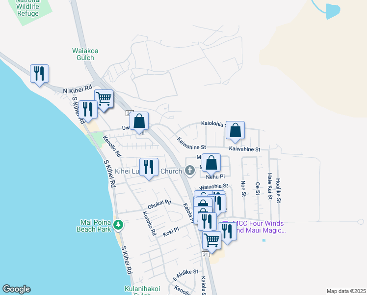 map of restaurants, bars, coffee shops, grocery stores, and more near 294 Kaiwahine Street in Kihei