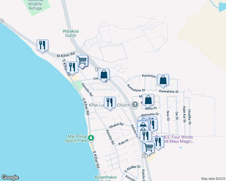 map of restaurants, bars, coffee shops, grocery stores, and more near 140 Uwapo Road in Kihei
