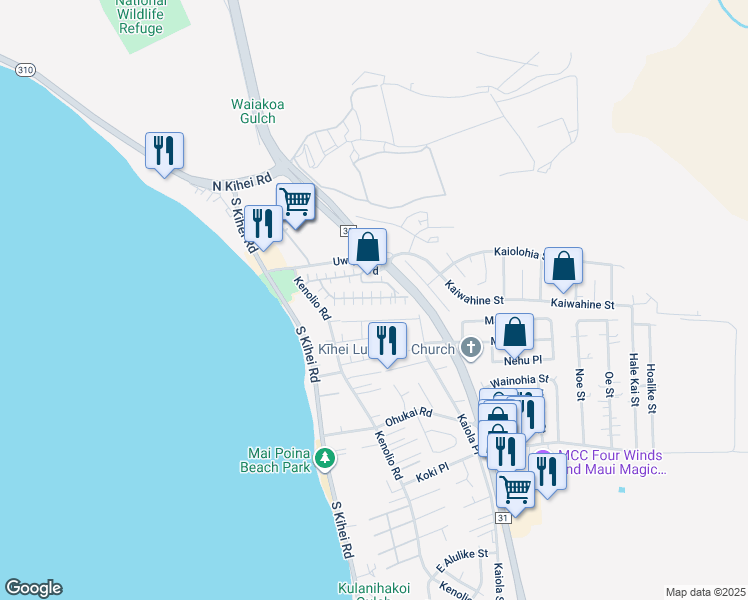 map of restaurants, bars, coffee shops, grocery stores, and more near 140 Uwapo Road in Kihei