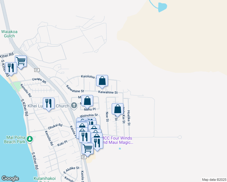 map of restaurants, bars, coffee shops, grocery stores, and more near 521 Kaiwahine Street in Kihei