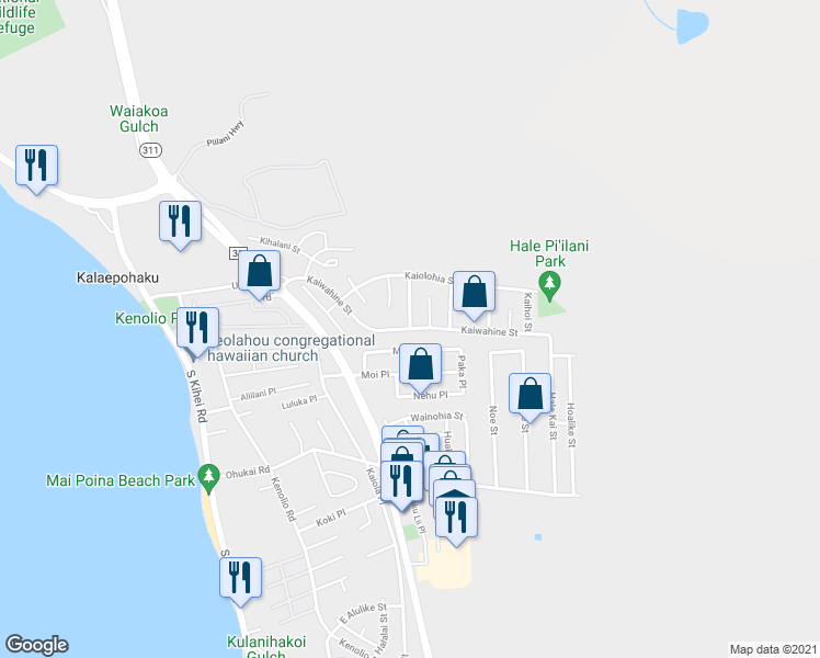 map of restaurants, bars, coffee shops, grocery stores, and more near Kaiwahine Street in Kihei