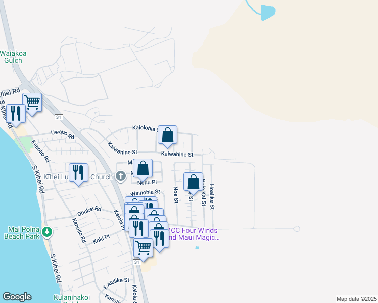 map of restaurants, bars, coffee shops, grocery stores, and more near 531 Kaiwahine Street in Kihei