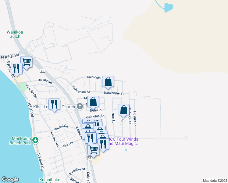 map of restaurants, bars, coffee shops, grocery stores, and more near 485 Kaiwahine Street in Kihei