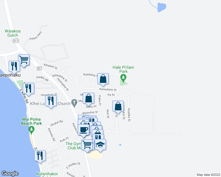 map of restaurants, bars, coffee shops, grocery stores, and more near 495 Kaiwahine Street in Kihei