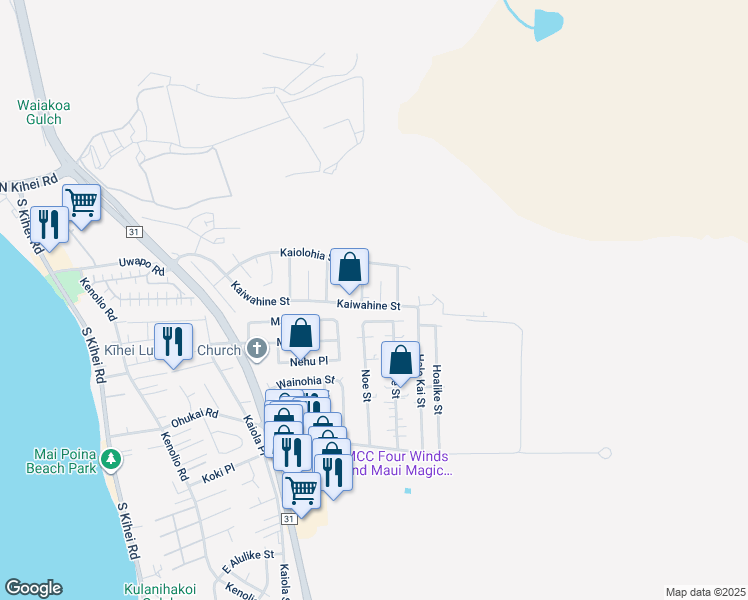 map of restaurants, bars, coffee shops, grocery stores, and more near 495 Kaiwahine Street in Kihei