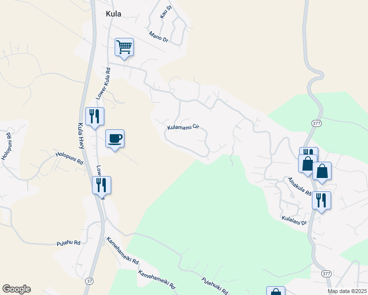 map of restaurants, bars, coffee shops, grocery stores, and more near Kulamanu Circle in Kula