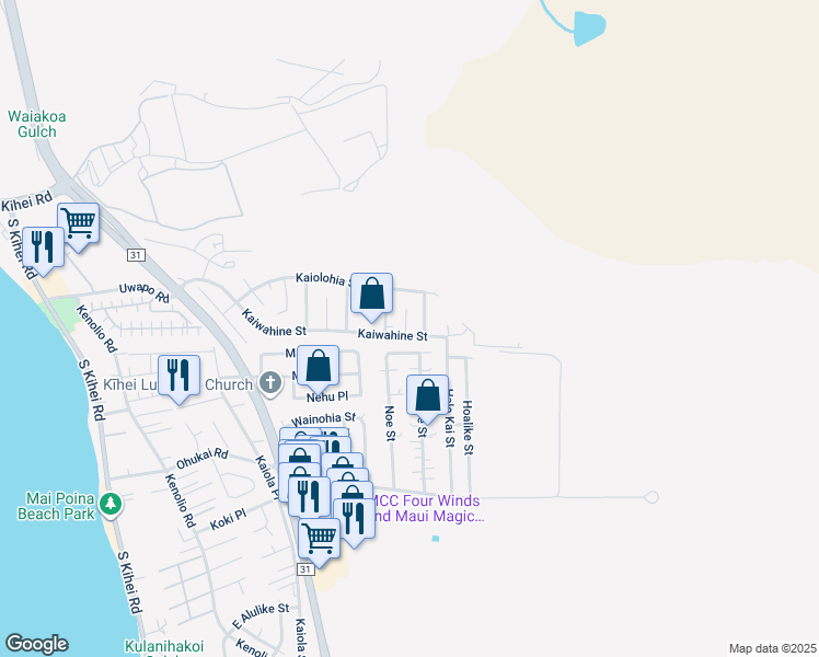 map of restaurants, bars, coffee shops, grocery stores, and more near 521 Kaiwahine Street in Kihei
