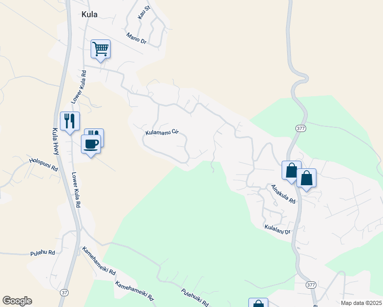 map of restaurants, bars, coffee shops, grocery stores, and more near 147 Kulamanu Circle in Kula