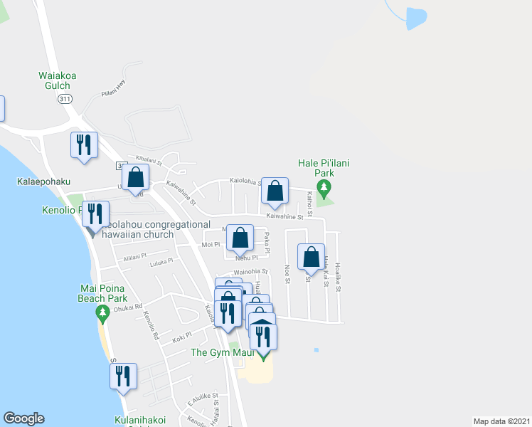 map of restaurants, bars, coffee shops, grocery stores, and more near 435 Kaiwahine Street in Kihei