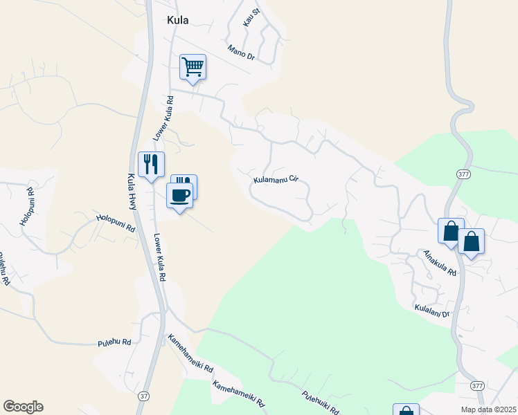 map of restaurants, bars, coffee shops, grocery stores, and more near 285 Kulamanu Circle in Kula