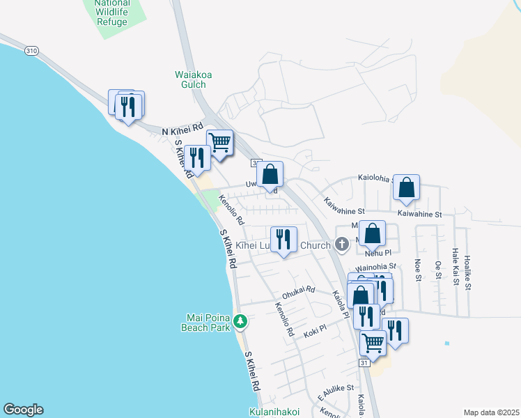 map of restaurants, bars, coffee shops, grocery stores, and more near 140 Uwapo Road in Kihei