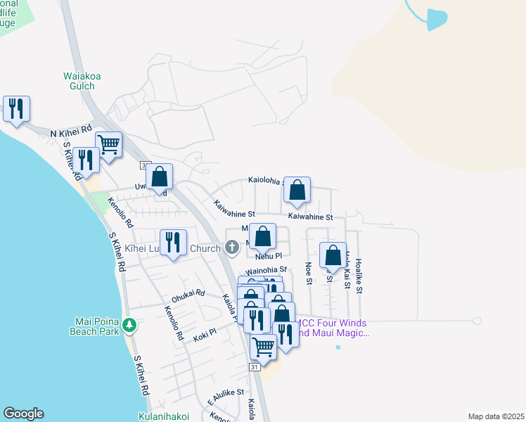 map of restaurants, bars, coffee shops, grocery stores, and more near 54 Kihalani Street in Kihei