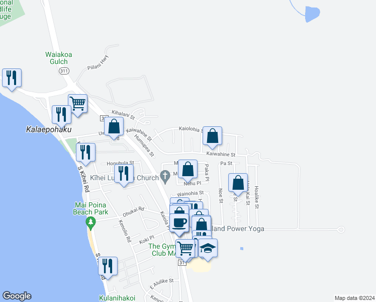 map of restaurants, bars, coffee shops, grocery stores, and more near 312 Lakau Place in Kihei