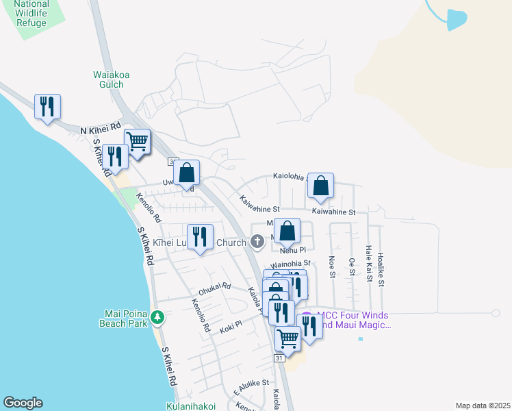 map of restaurants, bars, coffee shops, grocery stores, and more near 303 Kaiwahine Street in Kihei