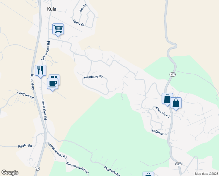 map of restaurants, bars, coffee shops, grocery stores, and more near 147 Kulamanu Circle in Kula