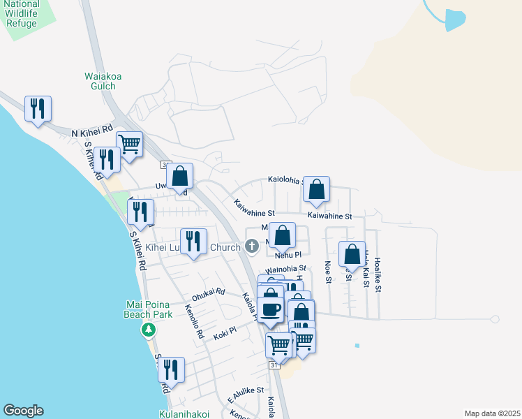map of restaurants, bars, coffee shops, grocery stores, and more near 327 Kaiwahine Street in Kihei