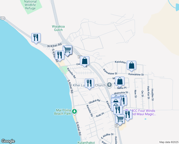 map of restaurants, bars, coffee shops, grocery stores, and more near 140 Uwapo Road in Kihei