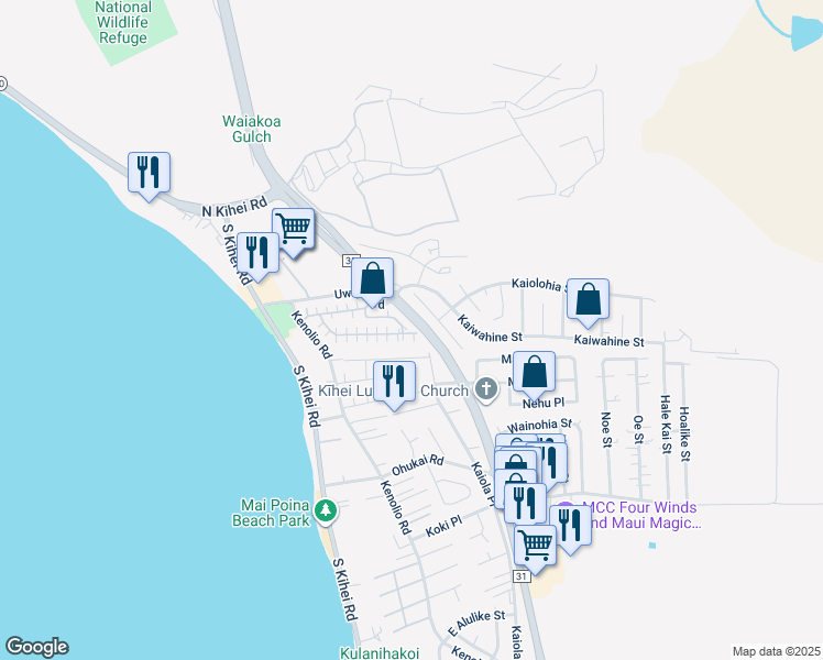 map of restaurants, bars, coffee shops, grocery stores, and more near 140 Uwapo Road in Kihei