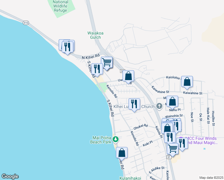map of restaurants, bars, coffee shops, grocery stores, and more near 140 Uwapo Road in Kihei