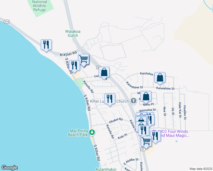 map of restaurants, bars, coffee shops, grocery stores, and more near 140 Uwapo Road in Kihei