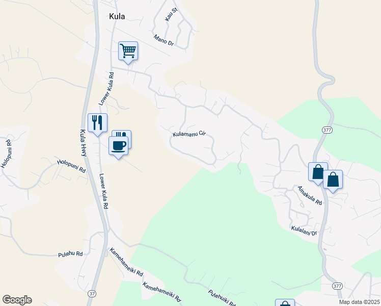 map of restaurants, bars, coffee shops, grocery stores, and more near 240 Kulamanu Circle in Kula