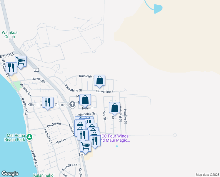 map of restaurants, bars, coffee shops, grocery stores, and more near 291 Uala Place in Kihei