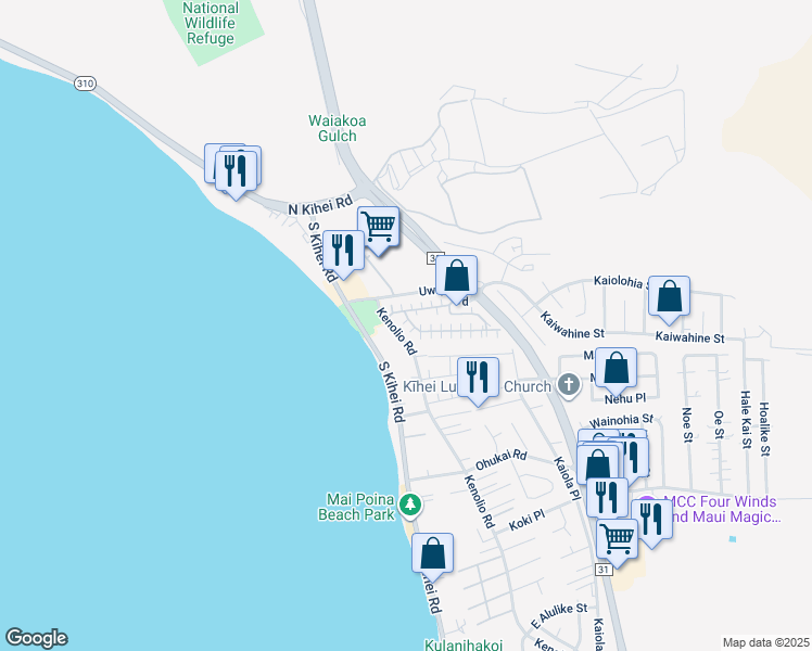 map of restaurants, bars, coffee shops, grocery stores, and more near 140 Uwapo Road in Kihei
