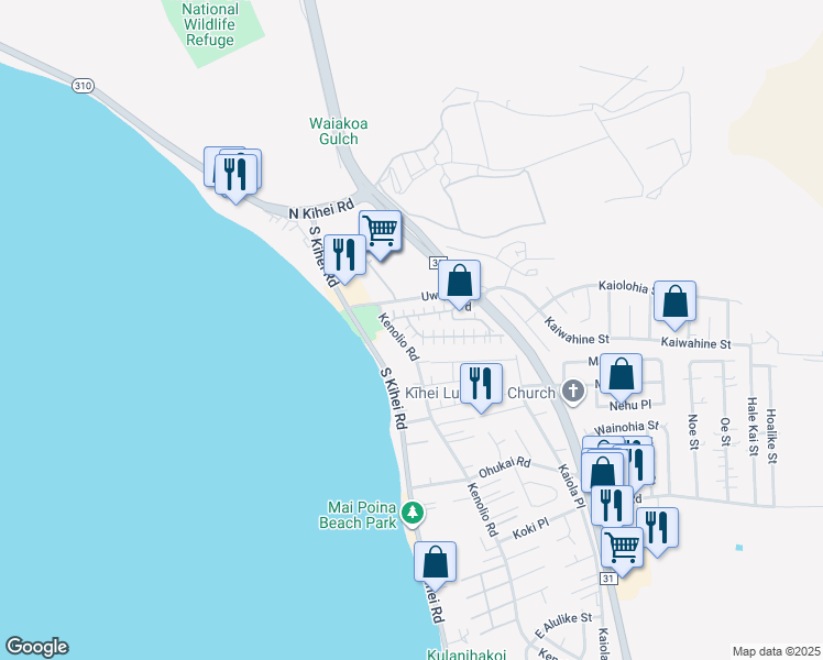 map of restaurants, bars, coffee shops, grocery stores, and more near 140 Uwapo Road in Kihei