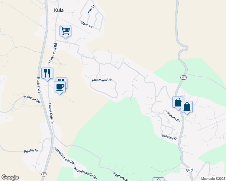 map of restaurants, bars, coffee shops, grocery stores, and more near 136 Kulamanu Circle in Kula
