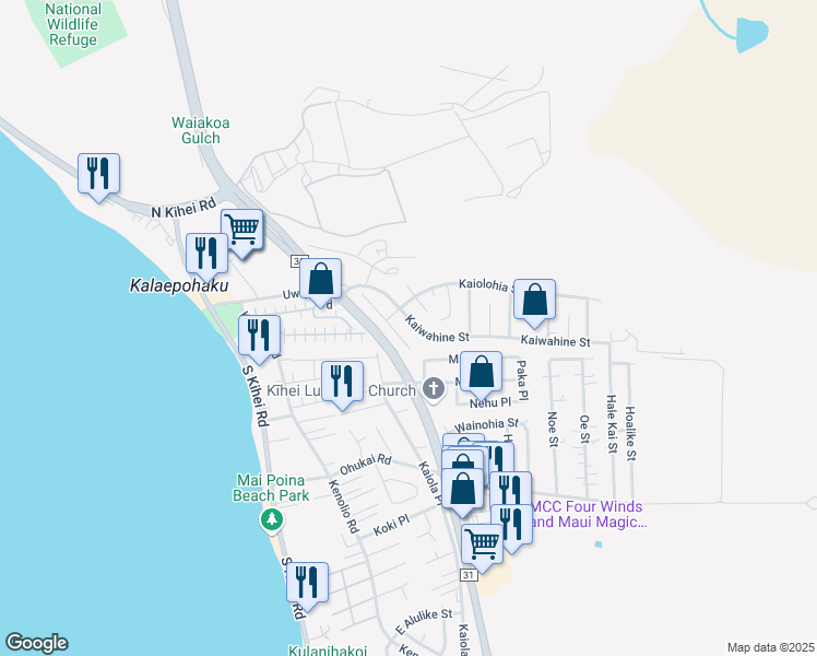 map of restaurants, bars, coffee shops, grocery stores, and more near 276 Kaiwahine Street in Kihei