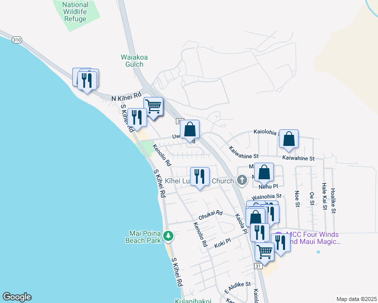 map of restaurants, bars, coffee shops, grocery stores, and more near 140 Uwapo Road in Kihei