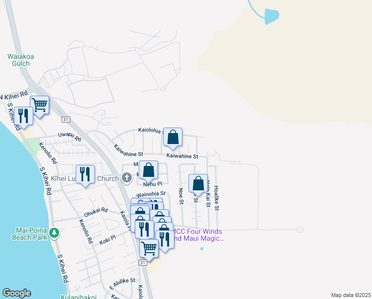 map of restaurants, bars, coffee shops, grocery stores, and more near 298 Uala Place in Kihei